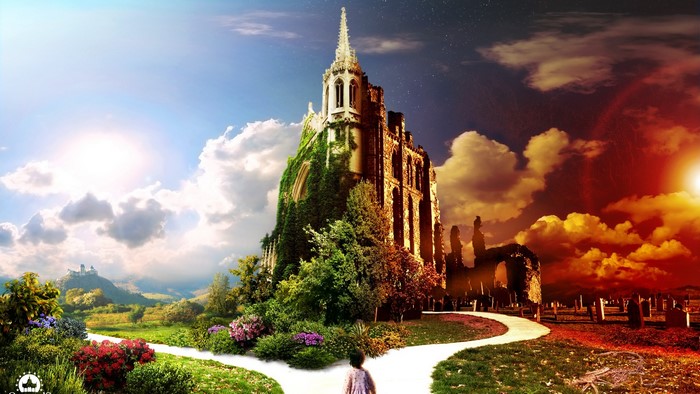 A child chooses a path between a heavenly and hellish landscape