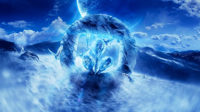 Owl and ice portal on alien planet