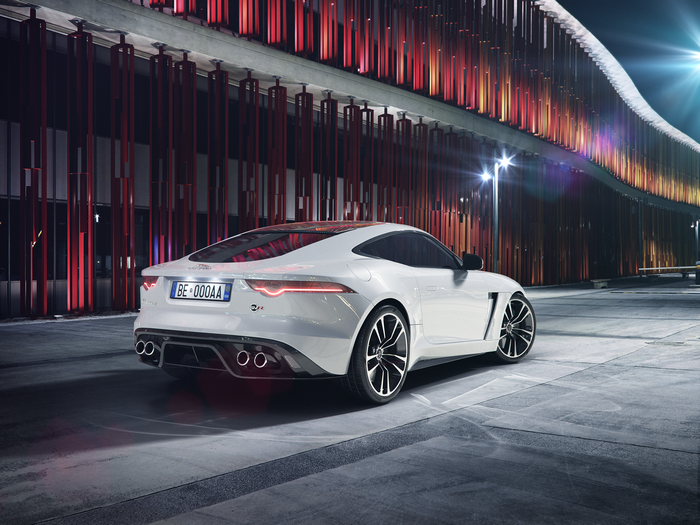 White Jaguar F-TYPE SVR Coupe parked at night