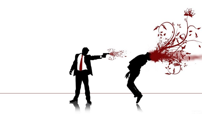 Man shooting another man with floral explosion