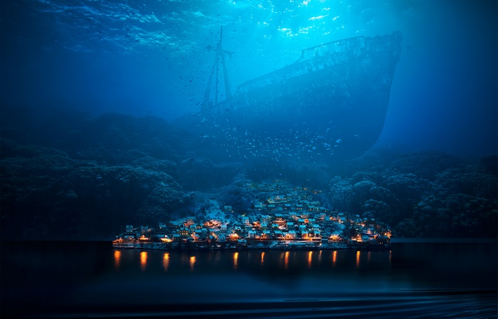 Underwater city beneath a sunken ship and school of fish