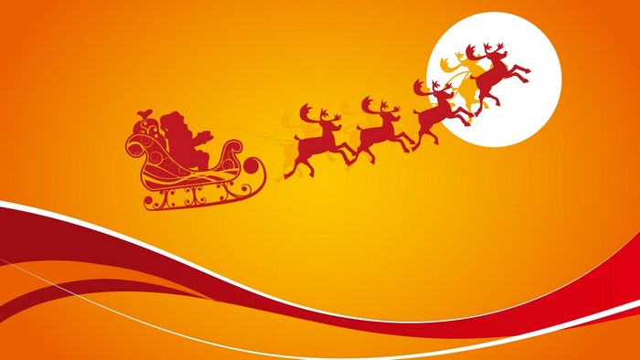 Santa Claus and reindeer flying in sleigh