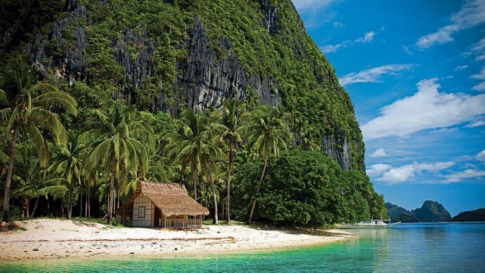 Tropical beach hut with palm trees and limestone cliffs