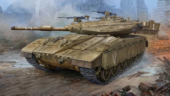 Merkava tank in a destroyed city