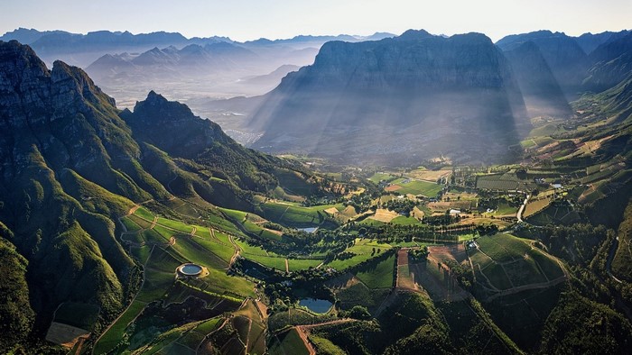 Aerial view of mountains and vineyards in South Africa