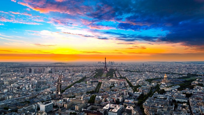 Paris cityscape with Eiffel Tower at sunset