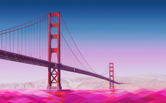 Golden Gate Bridge artwork with pink water