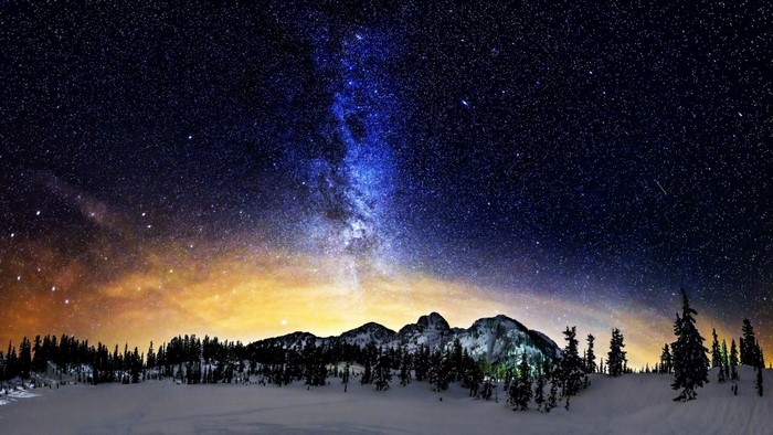 Milky Way Galaxy over snow-covered mountains