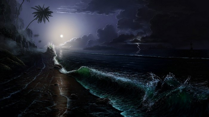 Moonlit Tropical Beach During a Storm