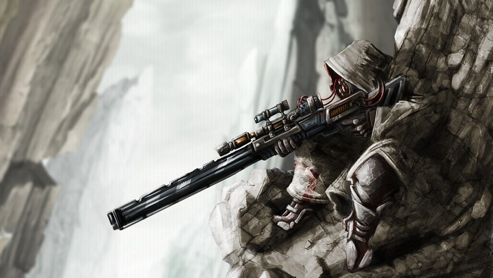 Military sniper with rifle on rocky terrain