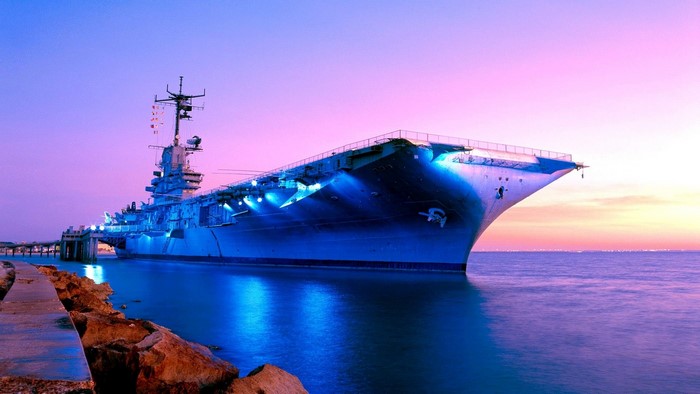 Aircraft carrier USS Yorktown at sunset