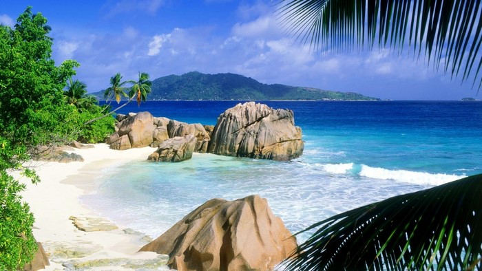 Tropical Coastline with Granite Boulders and Palm Trees