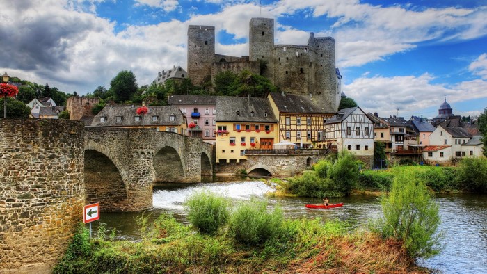 Castle and bridge over a river in Runkel, Germany