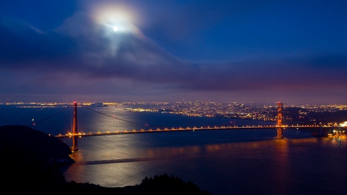 Golden Gate Bridge at Night with Moon