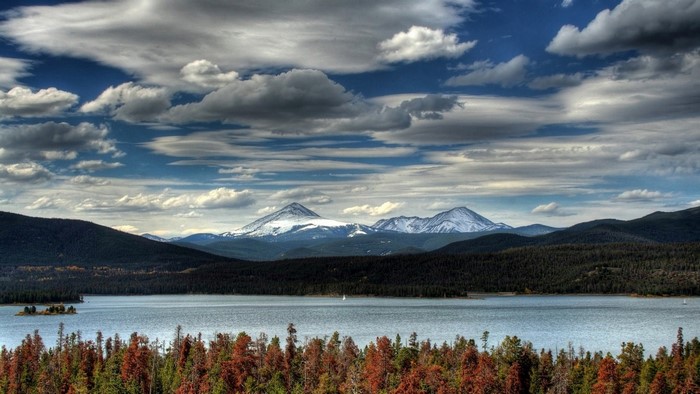 Mountain Lake and Sky with Snow-Capped Peaks