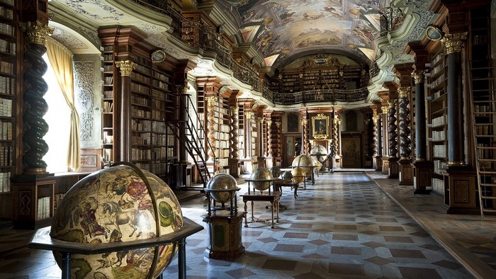 Baroque Library with Globes and Bookshelves