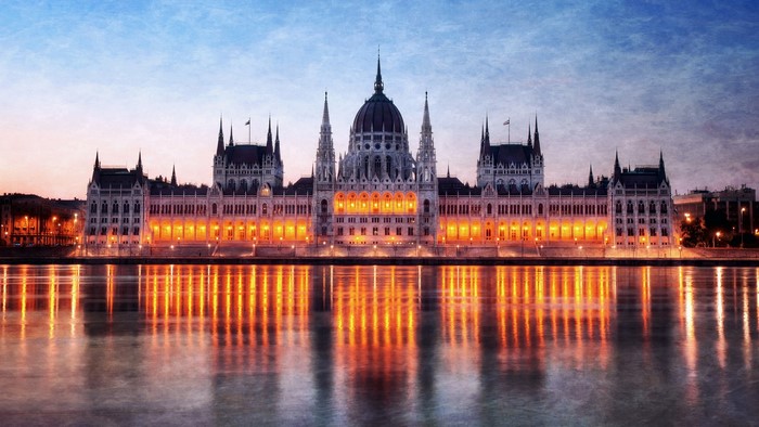 Budapest Parliament Building at Dusk with River Reflection