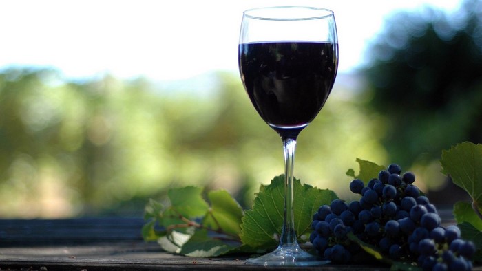 Glass of red wine with grapes and leaves