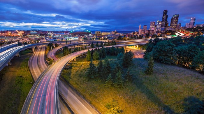 Seattle USA Cityscape with Highways at Dusk