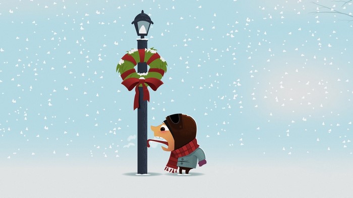 Boy licking a lamppost in the snow