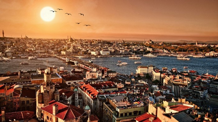 Istanbul cityscape at sunset with birds flying