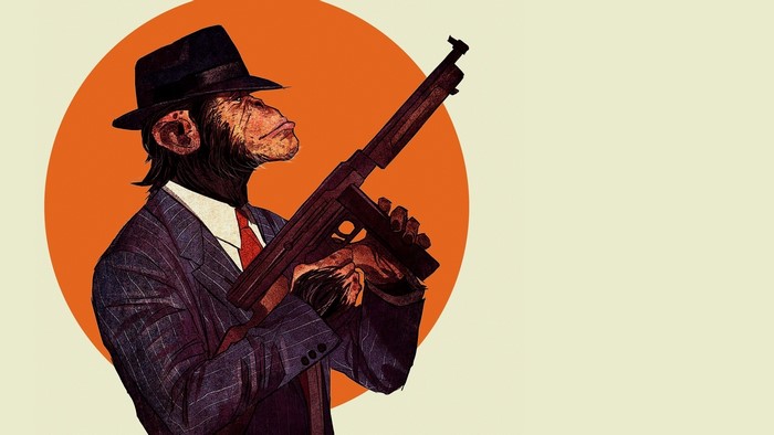 Monkey in a suit with a machine gun