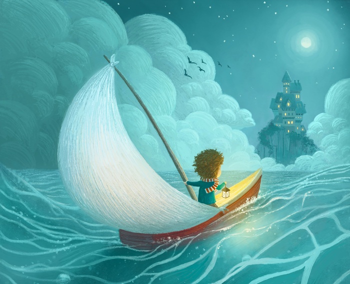 Child sailing a boat towards a castle at night
