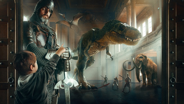 Night at the Museum: Child and Knight Observe Dinosaurs and Mammoth