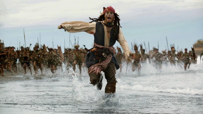 Jack Sparrow from Pirates of the Caribbean running from a crowd