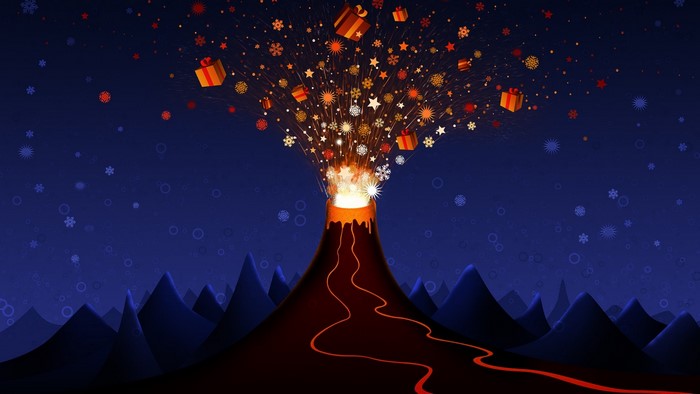 Christmas Volcano Eruption with Gifts and Snowflakes