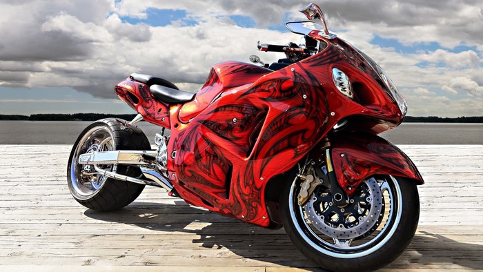 Red Custom Motorcycle with Tribal Graphics