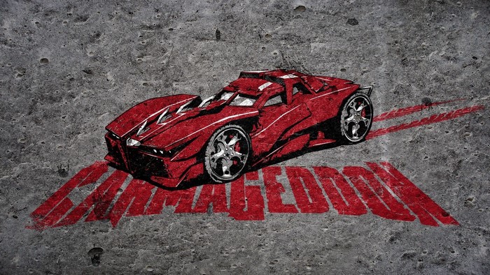 Red Carmageddon car on concrete with text