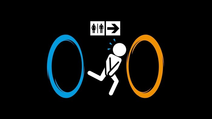 Portal bathroom sign with running figure