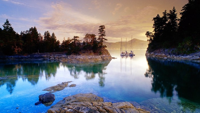 Sailboats in a calm bay with rocky islands and evergreen trees