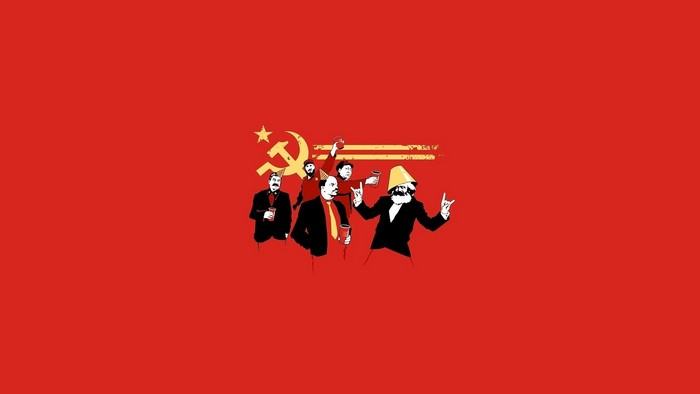 Communist figures celebrating with hammer and sickle