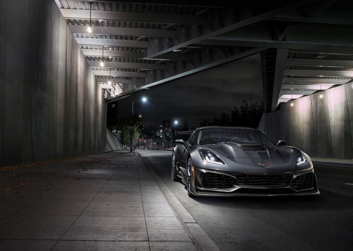 2019 Chevrolet Corvette ZR1 parked under a bridge at night