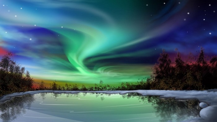 Northern Lights over a frozen lake and forest