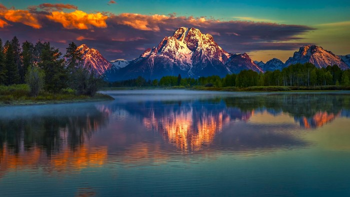 Mountains Reflection Sunrise Colorful Scenery