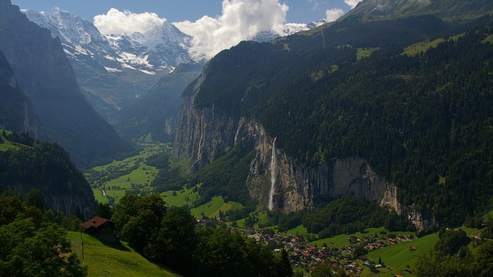Lauterbrunnen Valley with Waterfalls and Mountains