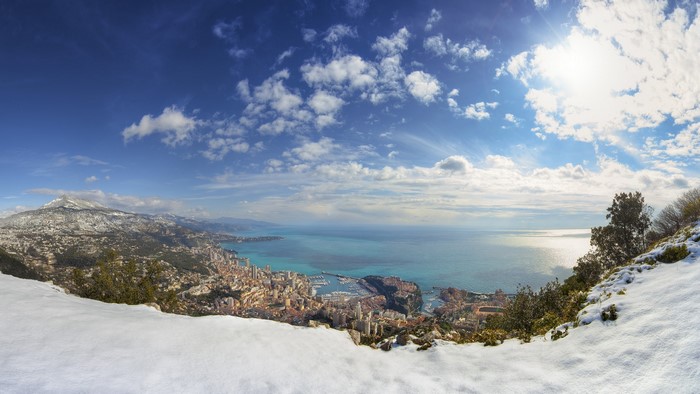 Panoramic view of Monaco from a snowy mountain