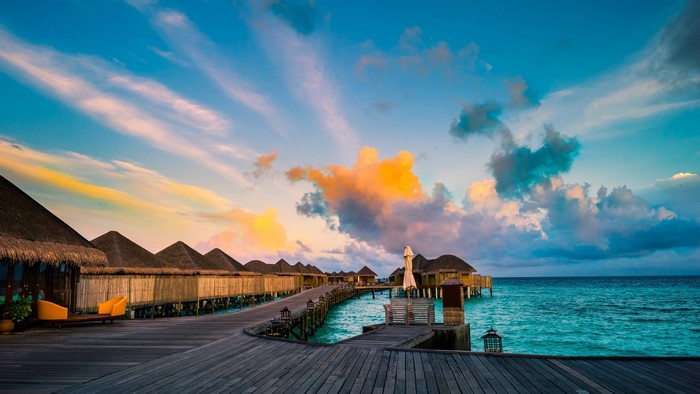 Maldives Island Sunrise Over Water Bungalows