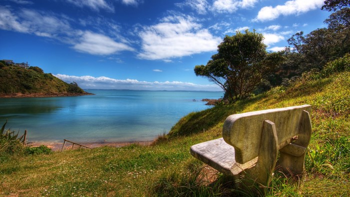 Peaceful Bay with a Bench Overlooking Water
