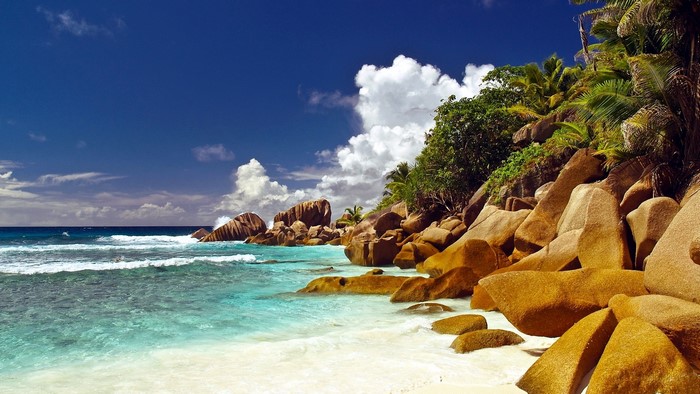 Seychelles Islands Beach with Granite Boulders