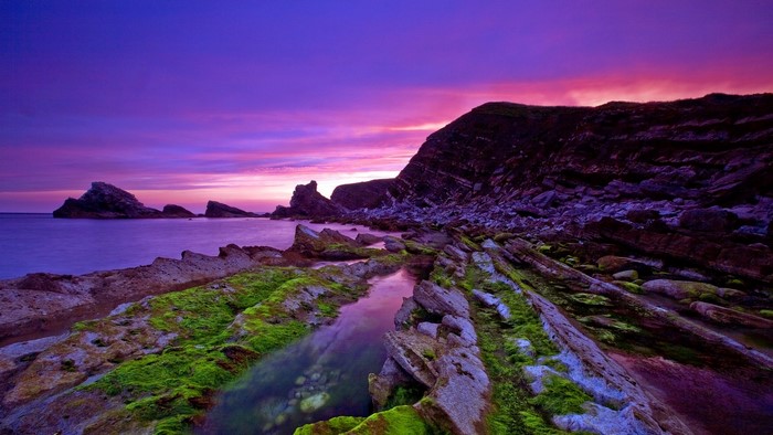Rocky coastline at sunset with purple sky