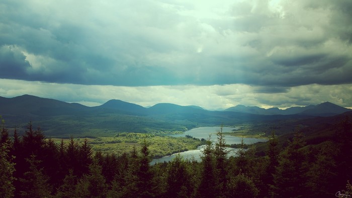 River landscape with mountains and forest