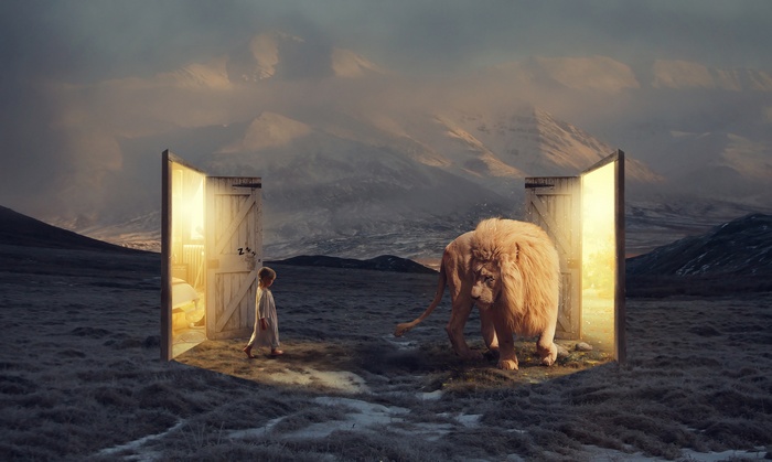 Girl and lion at open doors in a fantasy landscape