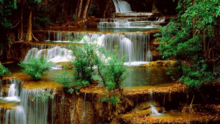 Tiered waterfall in a lush forest