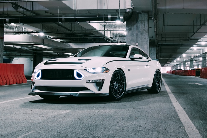 White 2018 Ford Mustang RTR in parking garage