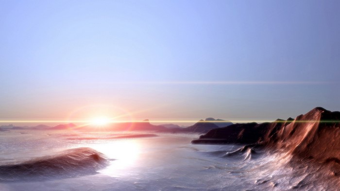 Arctic Landscape with Sunrise Over Water and Mountains