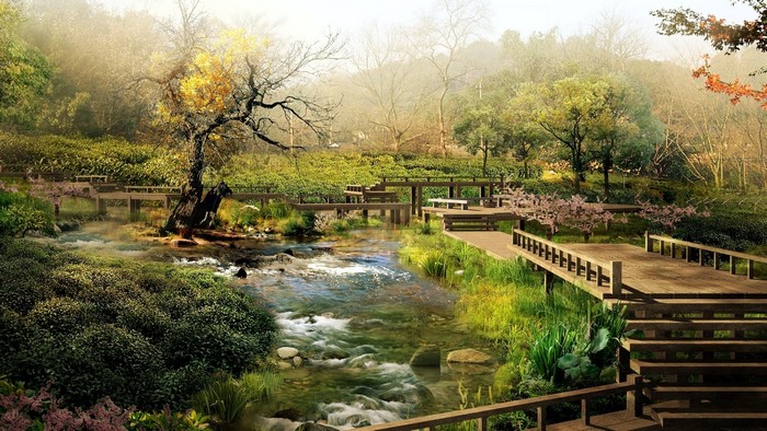 Japanese Garden with Stream and Wooden Walkways